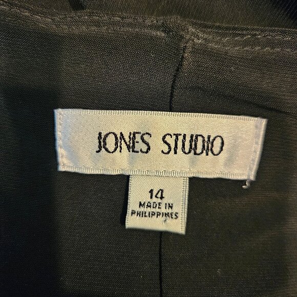 Jones Studio Draped Ruffle Midi Dress Womens Size 14 Black Party fitted cocktail - Picture 11 of 13